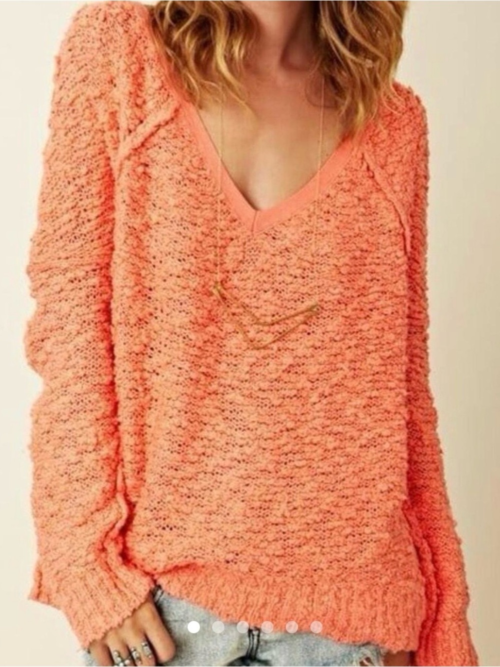Free People Coral Textured V-Neck Sweater